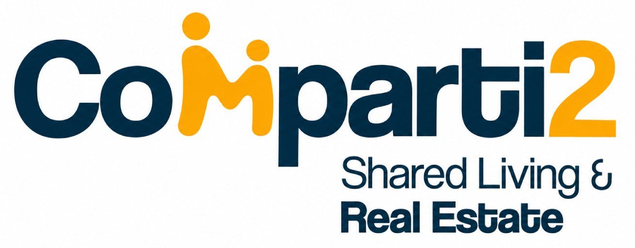 Logotipo de Comparti2 con texto azul y naranja, con las palabras «Shared Living & Real Estate»
