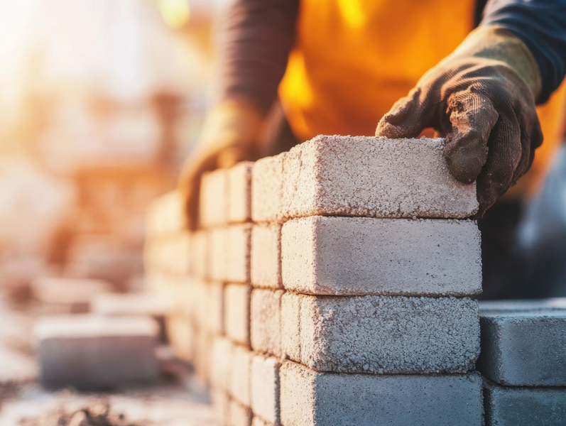 Un ouvrier du bâtiment ganté pose des briques pour construire un mur à l'extérieur.