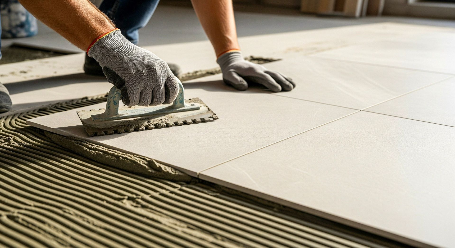 Personne appliquant du mortier à la truelle sur un carreau de sol.