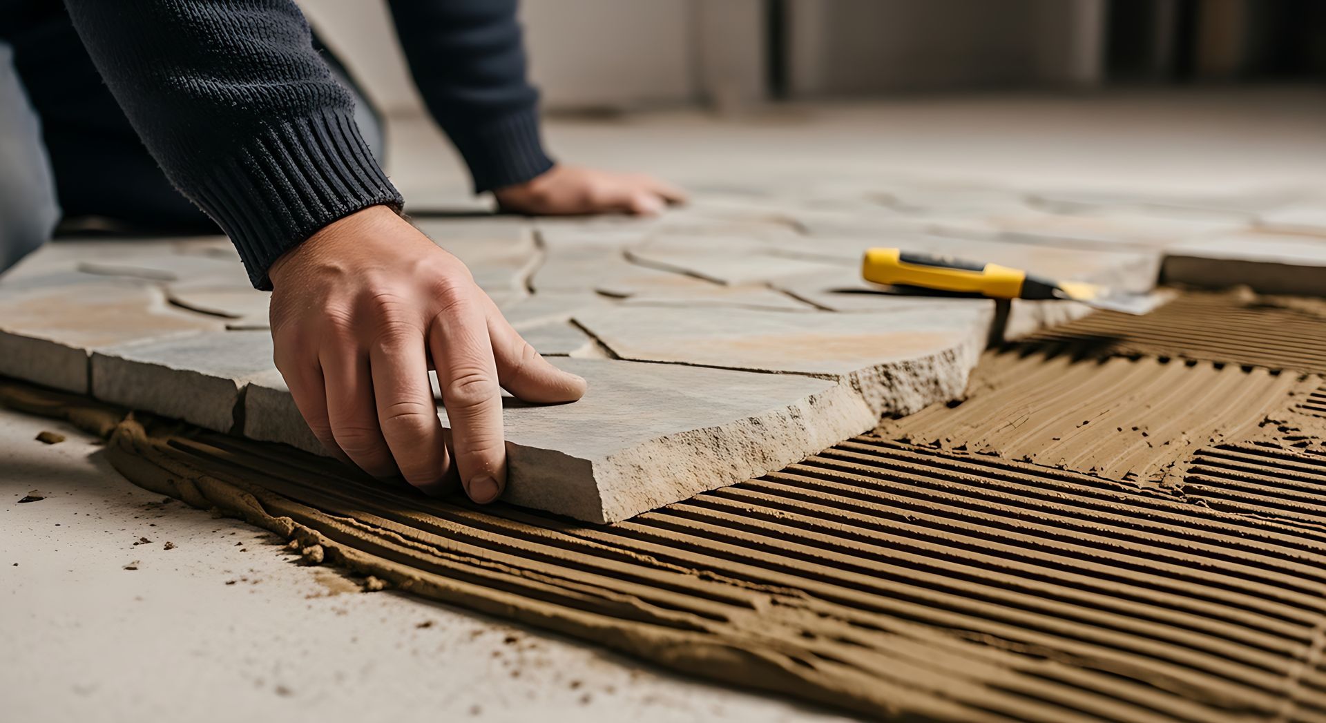 Personne posant des carreaux de pierre sur un sol, à l'aide d'adhésif.
