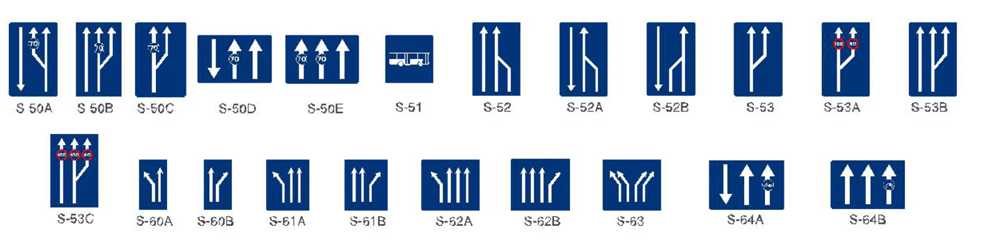 Señales de tráfico con marcas de carril y flechas que muestran diversas configuraciones de la vía. Fondo azul, símbolos blancos.