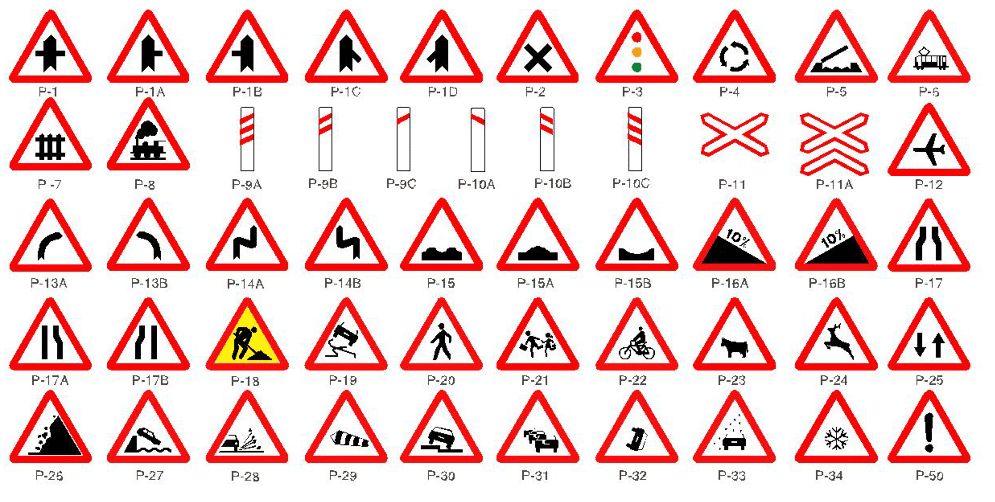 Señales de advertencia de tráfico dispuestas en filas, con triángulos rojos y símbolos negros que indican peligros potenciales.