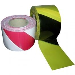 Dos rollos de cinta de peligro: rayas diagonales rojas/blancas y amarillas/negras.