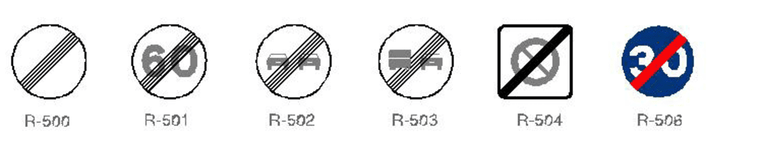 Señales de tráfico: fin de límite de velocidad, límite de velocidad 60, prohibido el paso a vehículos, prohibido el paso a vehículos de mercancías, fin de zona, límite de velocidad 30.