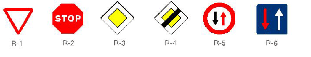 Señales de tráfico: Ceda el paso, Pare, Camino prioritario, Fin de camino prioritario, Tráfico de doble sentido y Tráfico de un solo sentido.