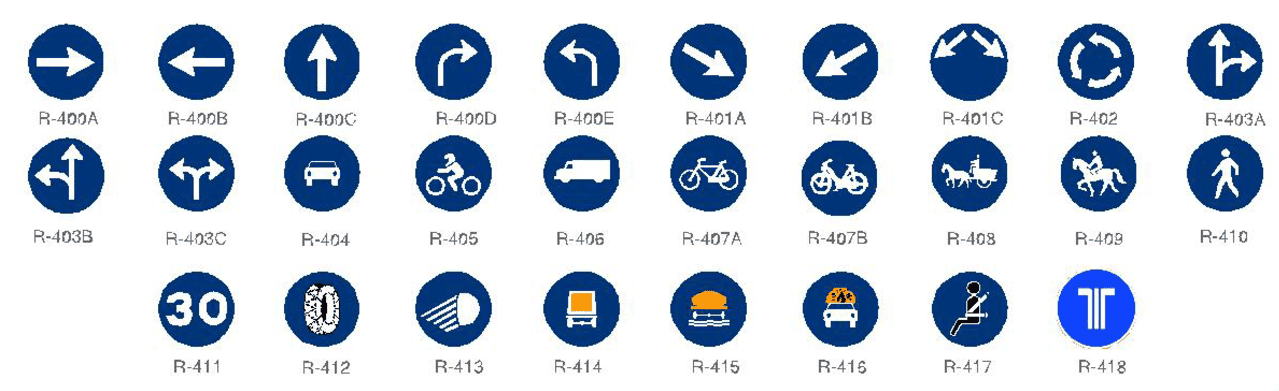 Colección de varias señales de tráfico redondas de color azul con símbolos blancos que indican direcciones, vehículos y reglas.