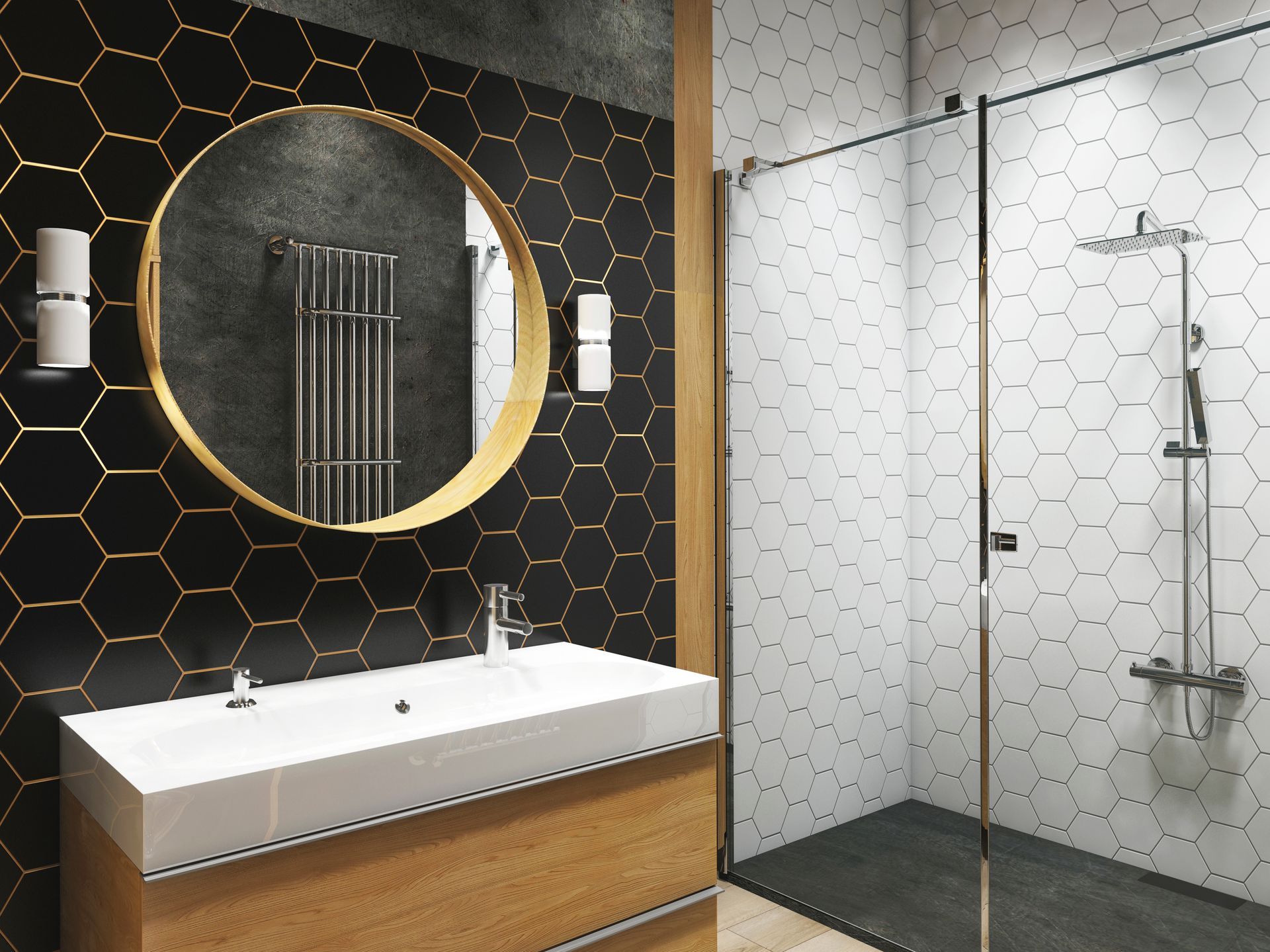 Salle de bains moderne avec carrelage hexagonal noir, touches dorées et douche en verre.