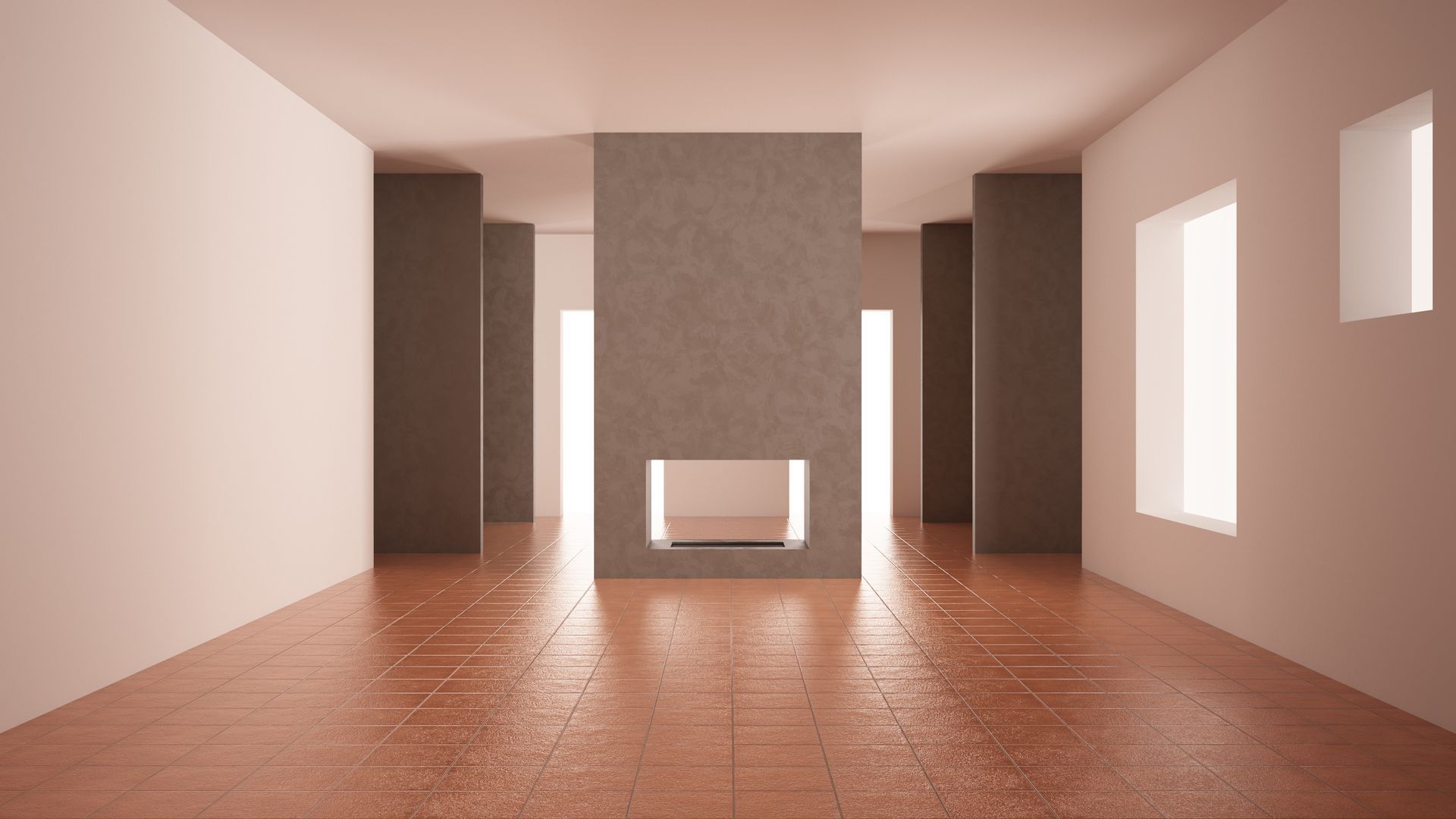 Pièce avec un sol carrelé, des murs blancs et une cheminée grise au centre.