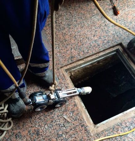 Una persona está parada al lado de un agujero en el suelo con una manguera conectada a él.