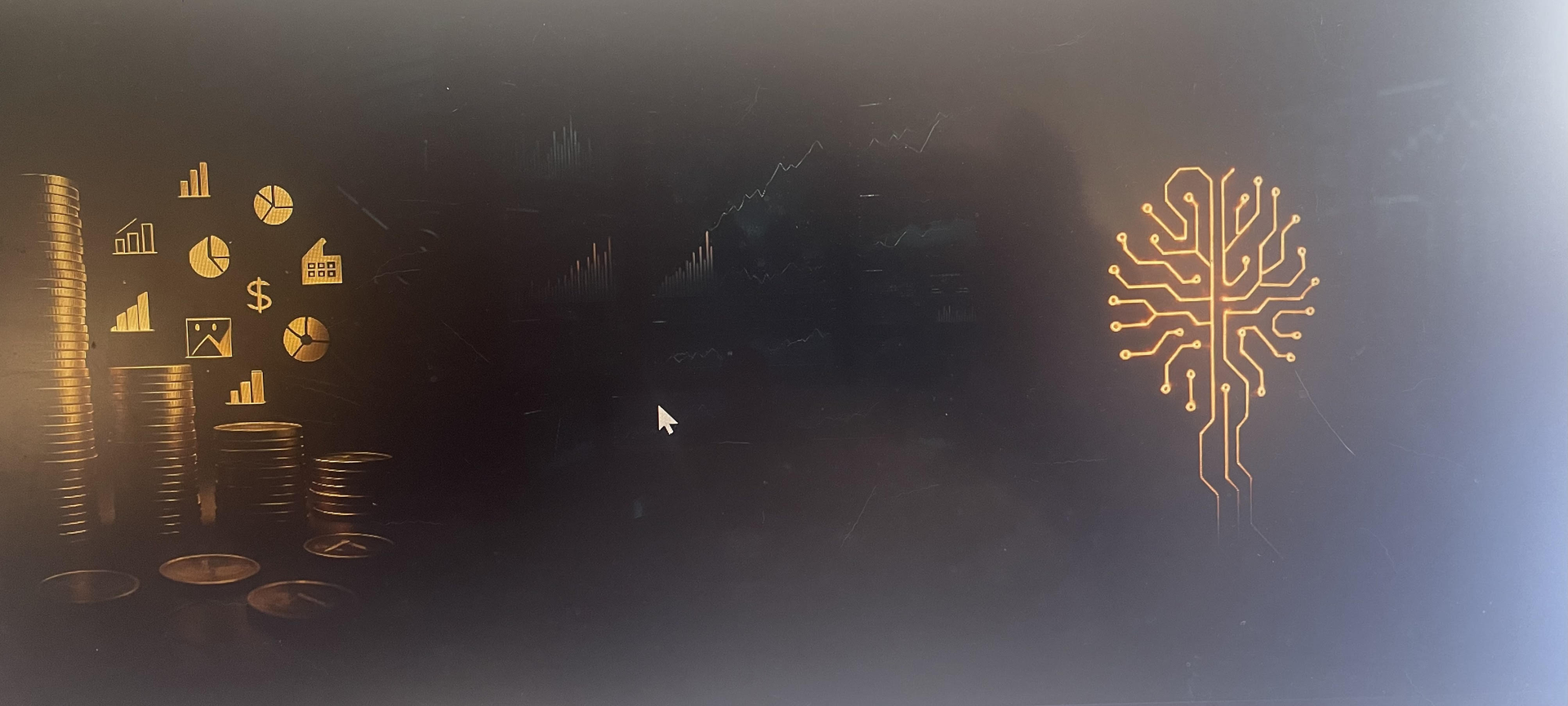 Íconos dorados y un diseño de placa de circuito sobre un fondo degradado.