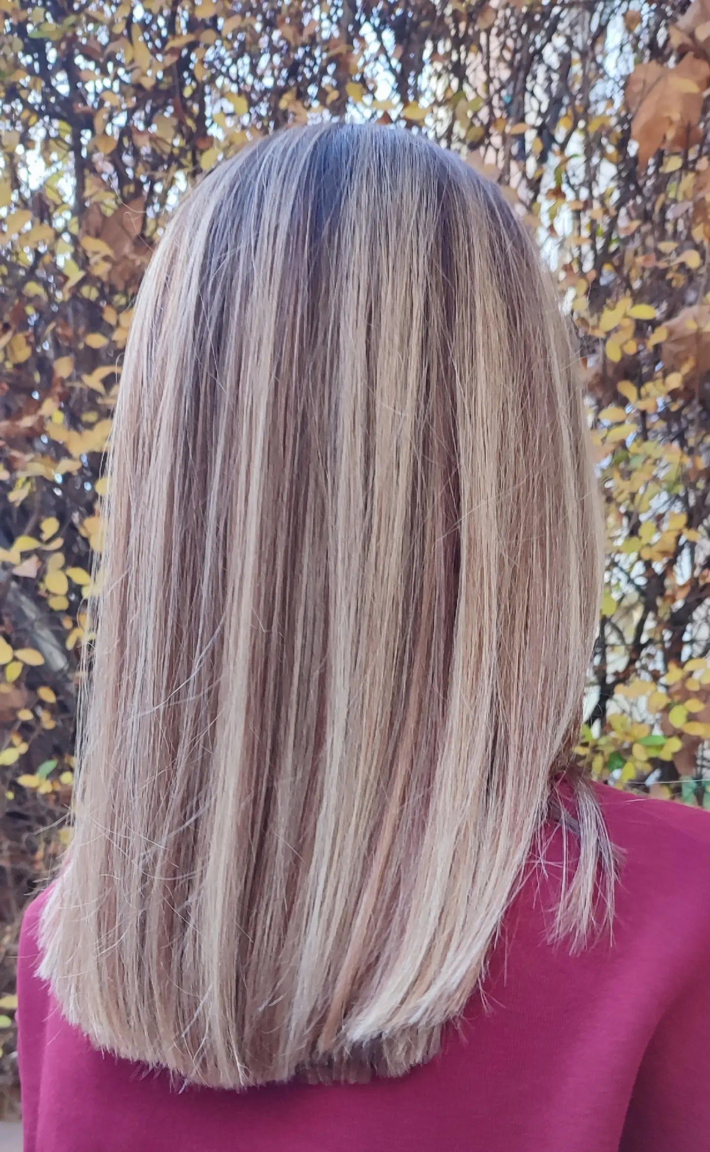 Cabello rubio y castaño con reflejos, hasta los hombros, con un fondo de follaje otoñal.