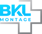 Ein blau-graues Logo für BKL Montage mit einem Kreuz in der Mitte.