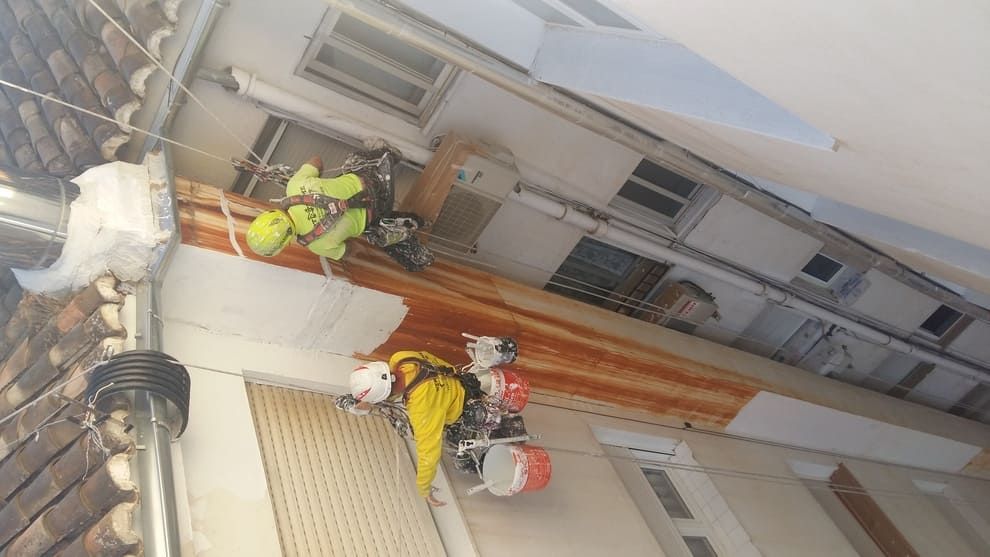 Un grupo de personas está pintando un edificio con una escalera.