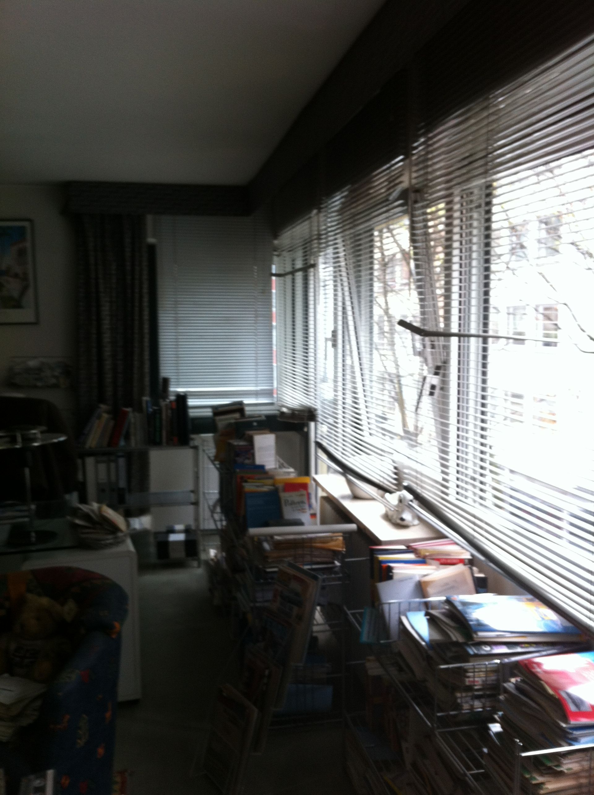 Ein Zimmer mit vielen Büchern und einem Fenster mit Jalousien