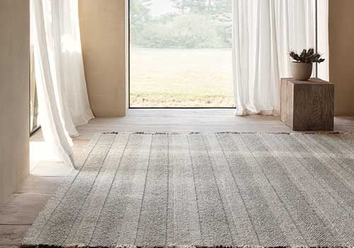 In der Mitte des Zimmers liegt ein Teppich auf dem Boden.