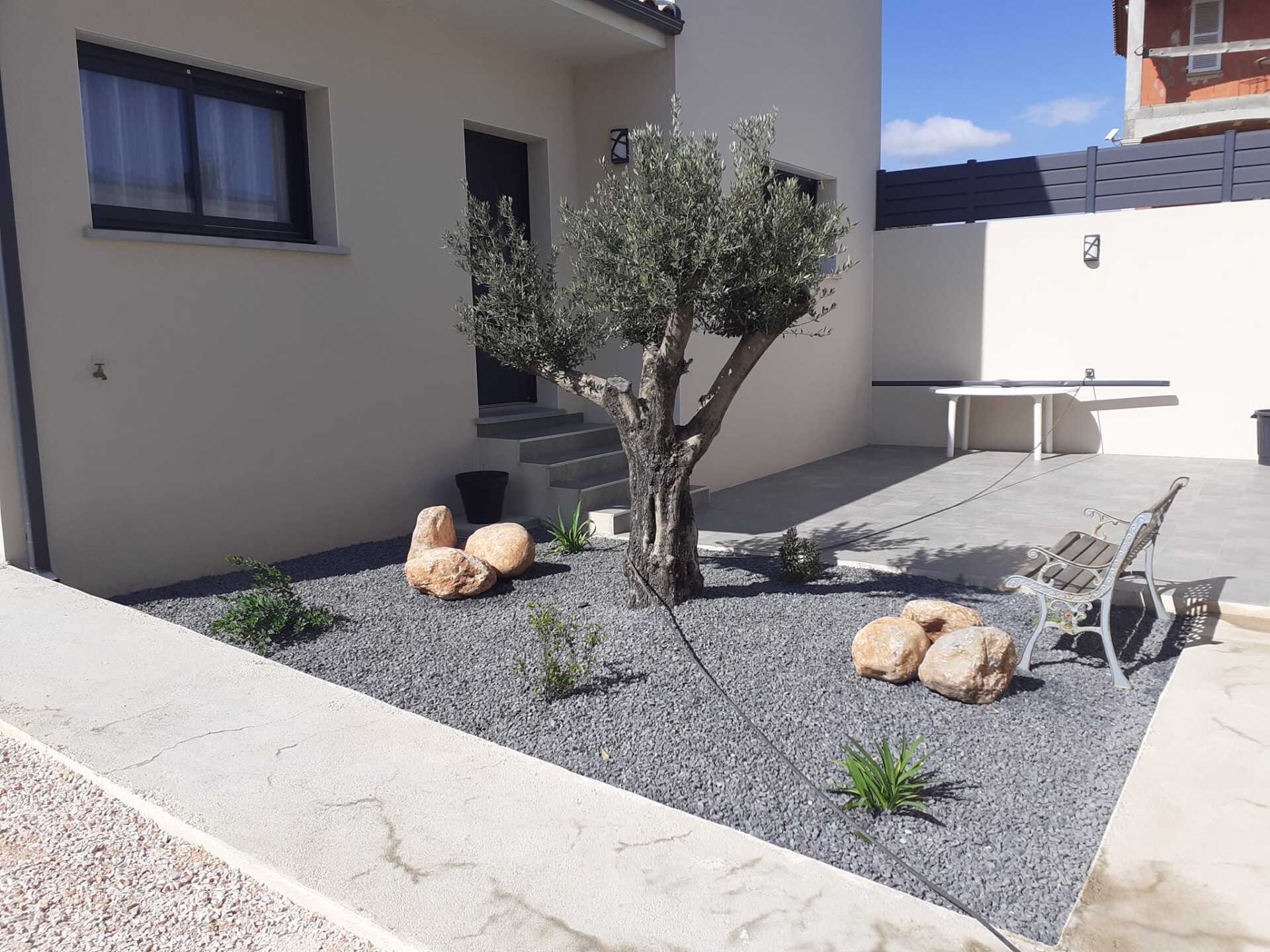 Entrée de maison avec graviers, roches et olivier