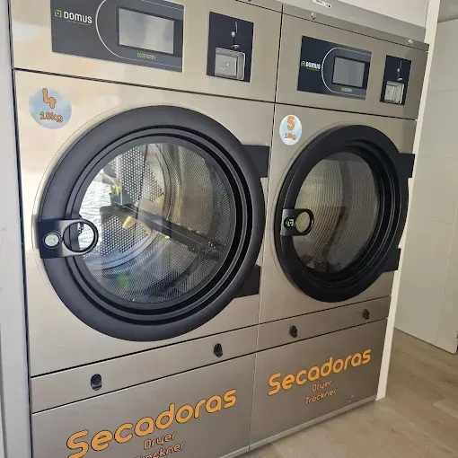 Dos secadoras comerciales de acero inoxidable en una lavandería. Las puertas están cerradas.