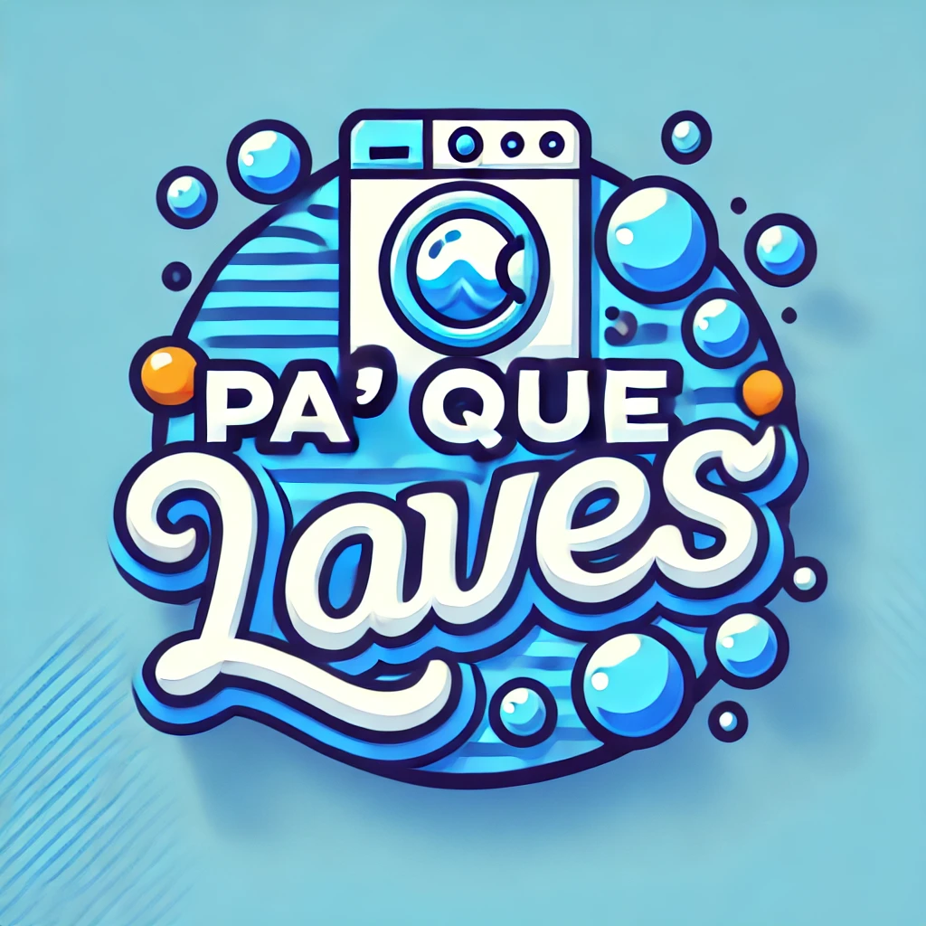 Logotipo con lavadora, burbujas y texto "Pa' Que Laves" en azul y blanco sobre fondo celeste.