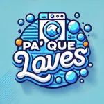 Logotipo con lavadora, burbujas y texto "Pa' Que Laves" en azul y blanco sobre fondo celeste.