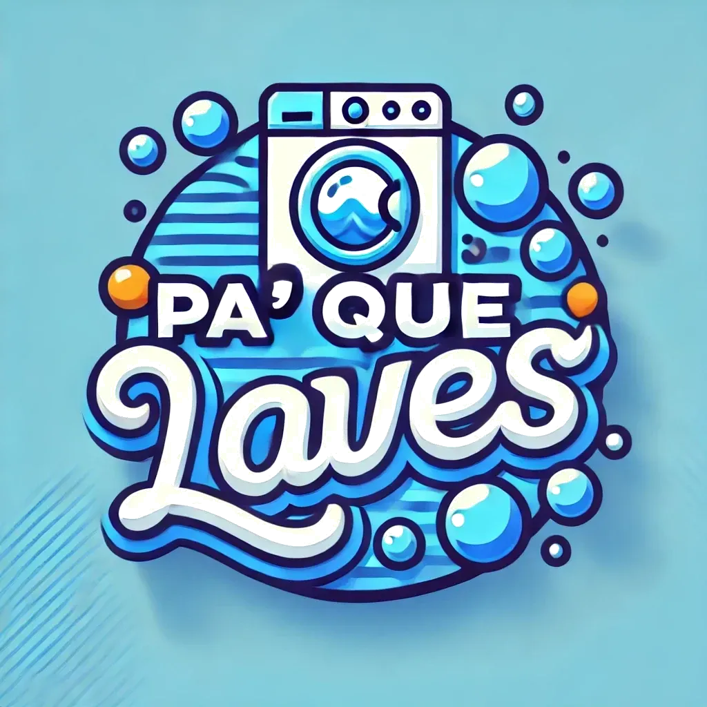 Logotipo con lavadora, burbujas y texto "Pa' Que Laves" en azul y blanco sobre fondo celeste.