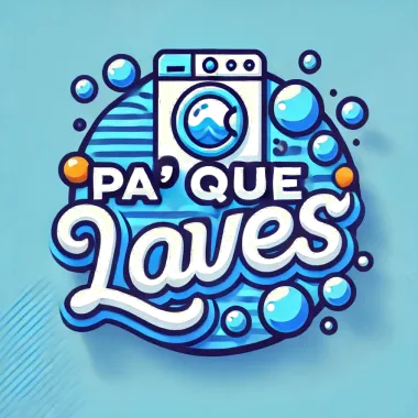 Logotipo con lavadora, burbujas y texto "Pa' Que Laves" en azul y blanco sobre fondo celeste.