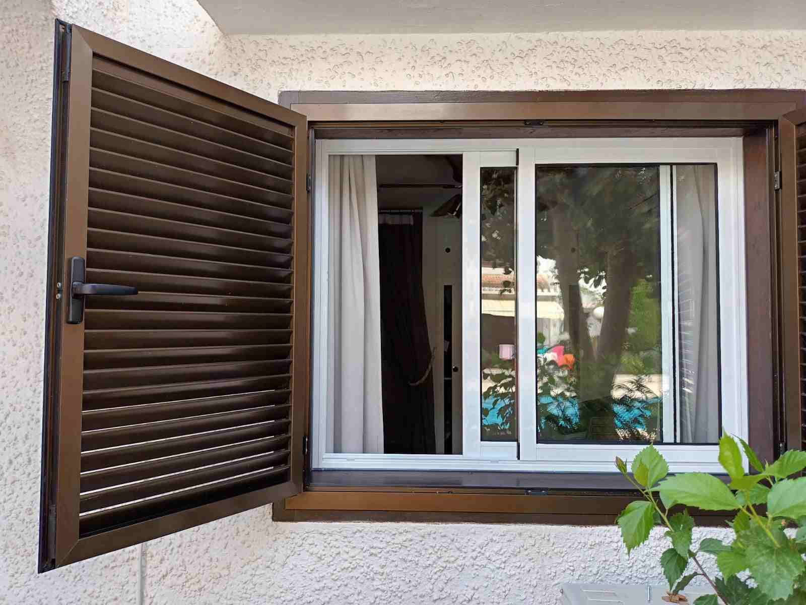 Una ventana con contraventanas y una planta delante de ella.