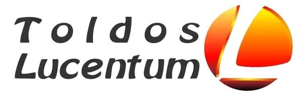 Un logotipo para toldos lucentum con una puesta de sol de fondo.