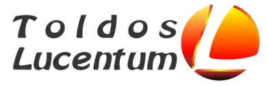 Un logotipo para toldos lucentum con una puesta de sol de fondo.