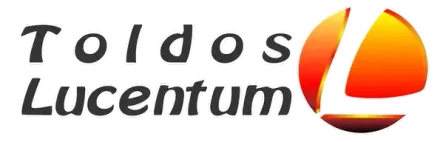 Un logotipo para toldos lucentum con una puesta de sol de fondo.