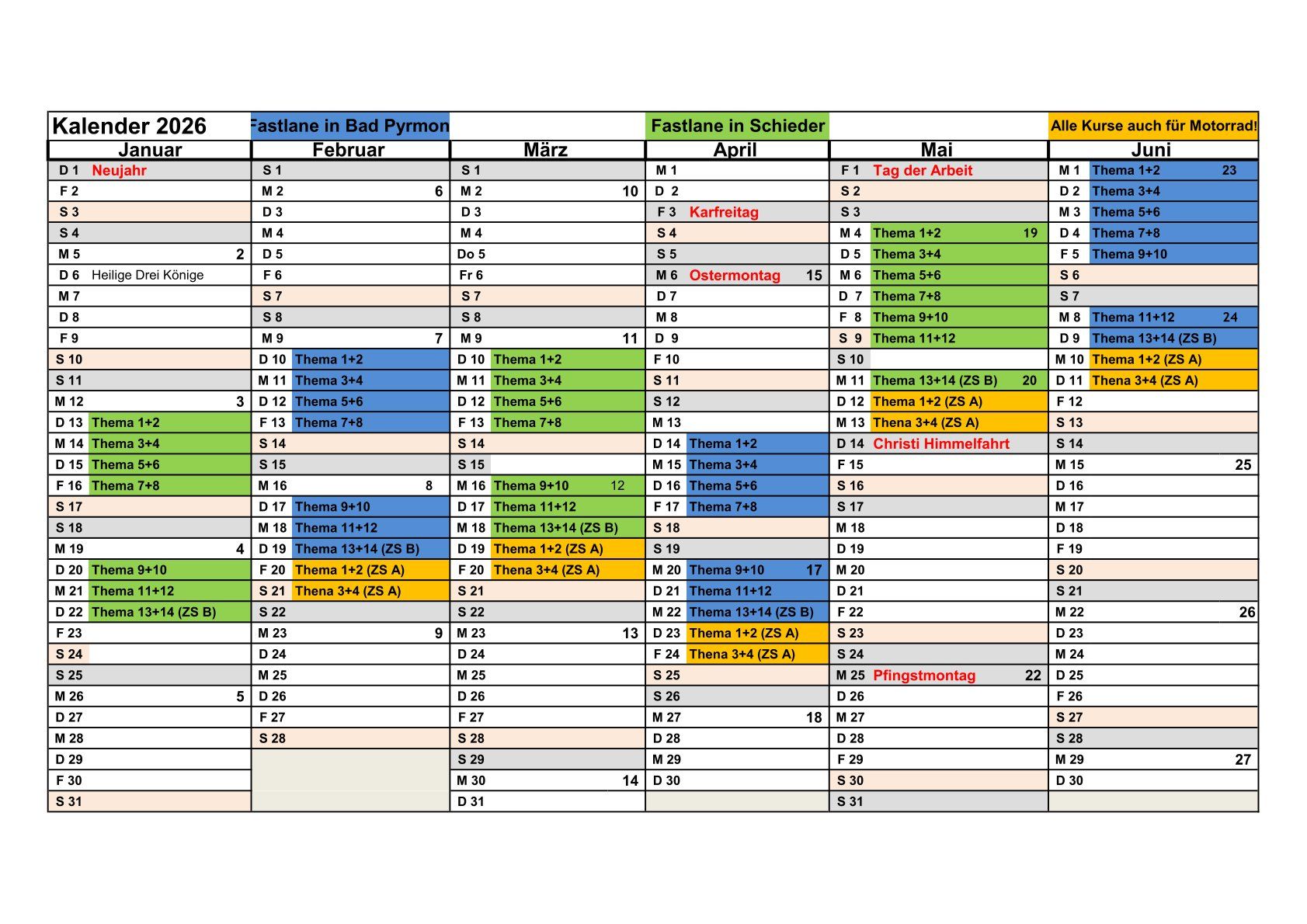 Kursplan 1. Jahreshälfte 2026