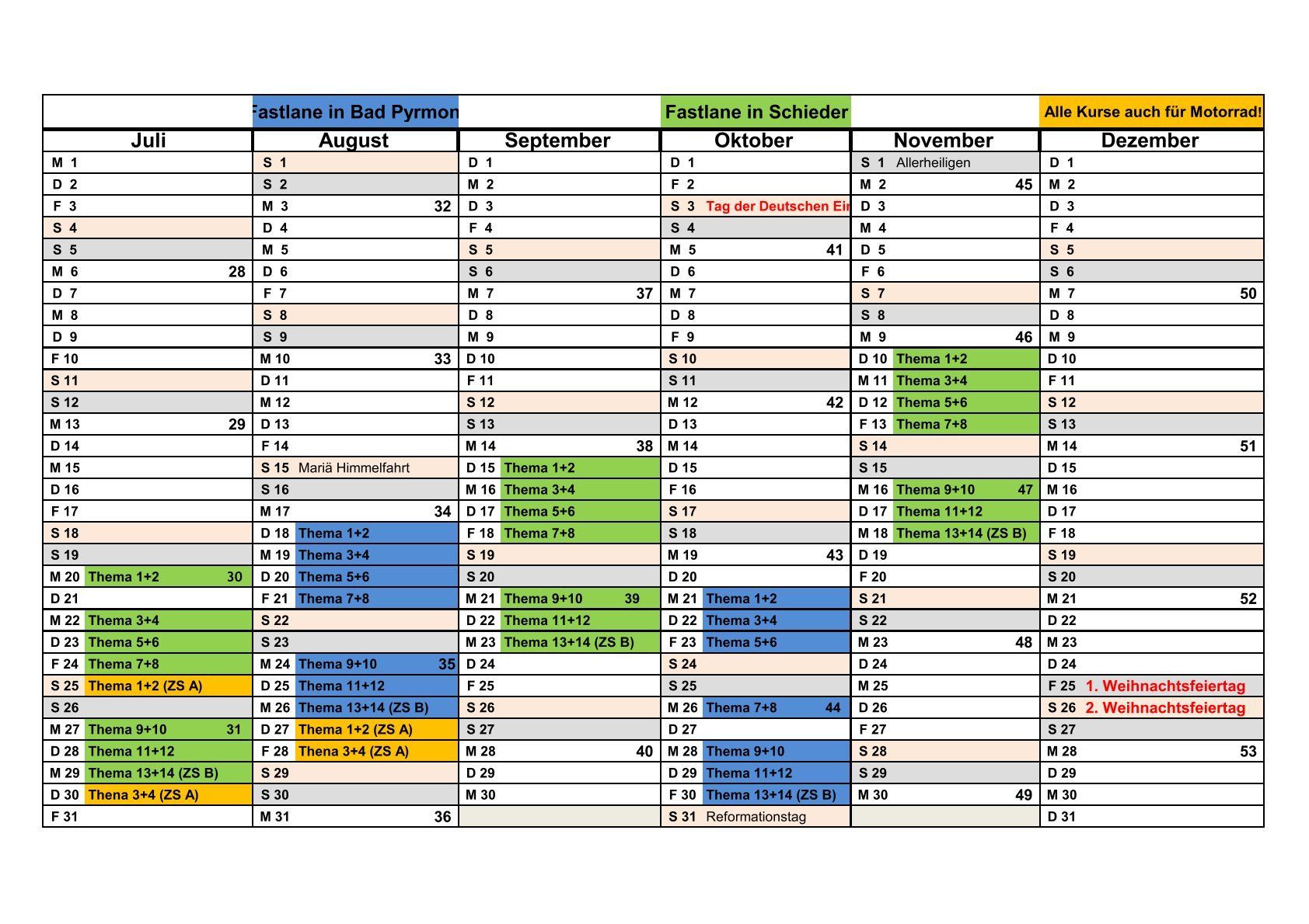 Kursplan 2. Jahreshälfte 2026