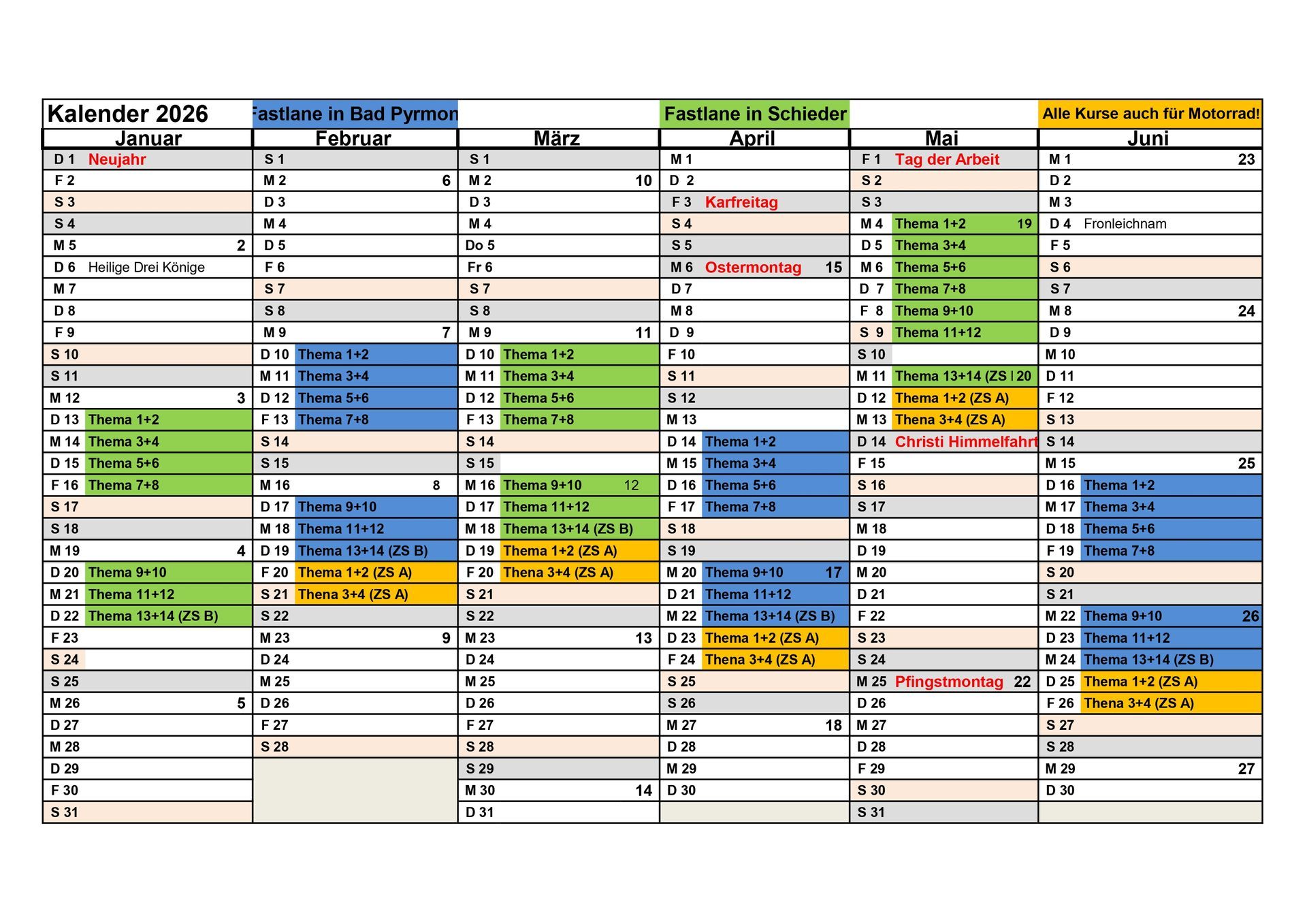 Kursplan 1. Jahreshälfte 2026