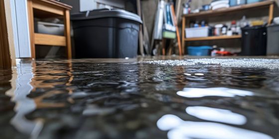 Inondation d'une pièce, l'eau recouvrant le sol près des étagères et des bacs de rangement.
