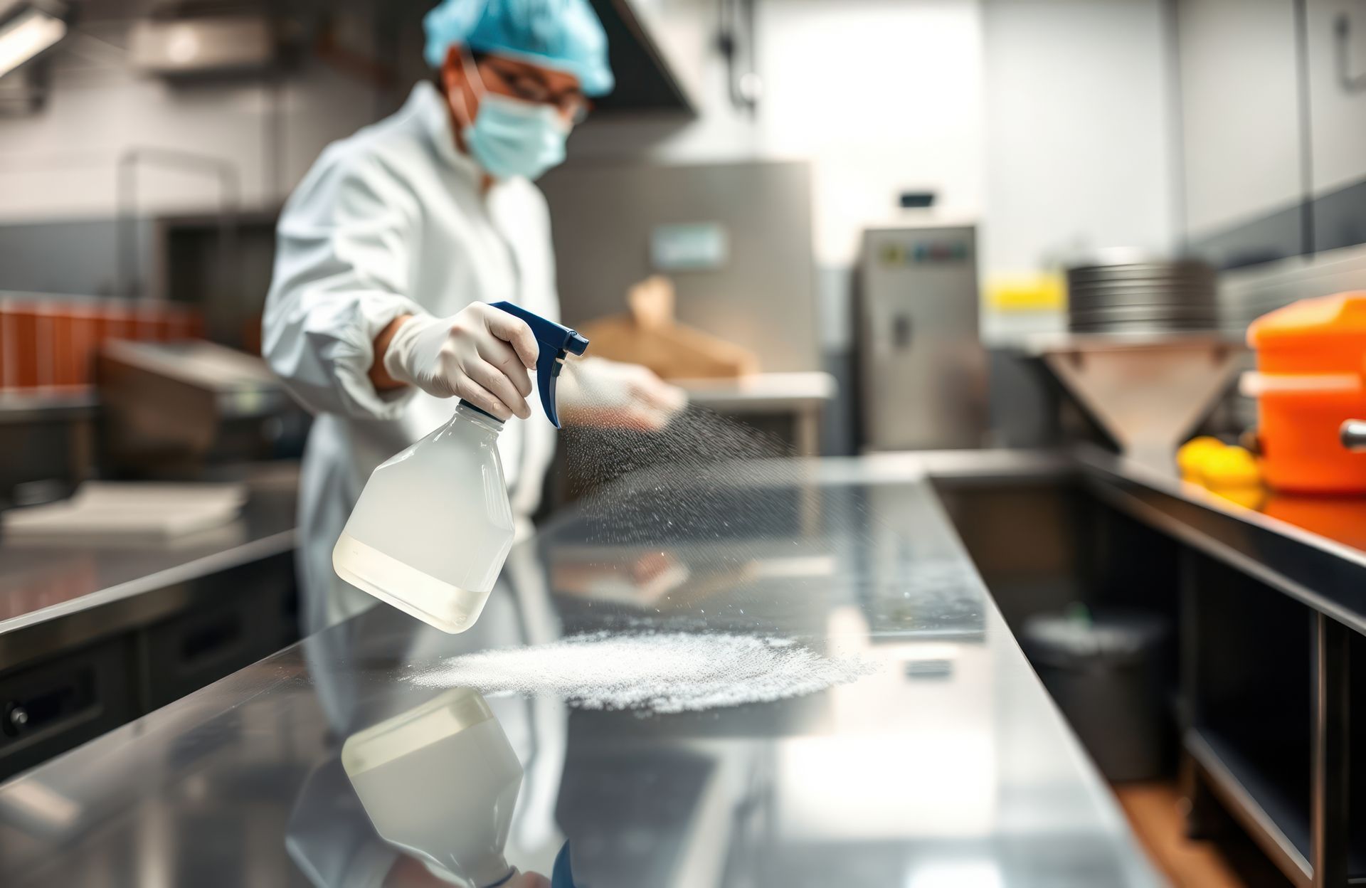 Une personne désinfecte un comptoir en verre dans sa cuisine à l'aide d'un vaporisateur et d'un chiffon.