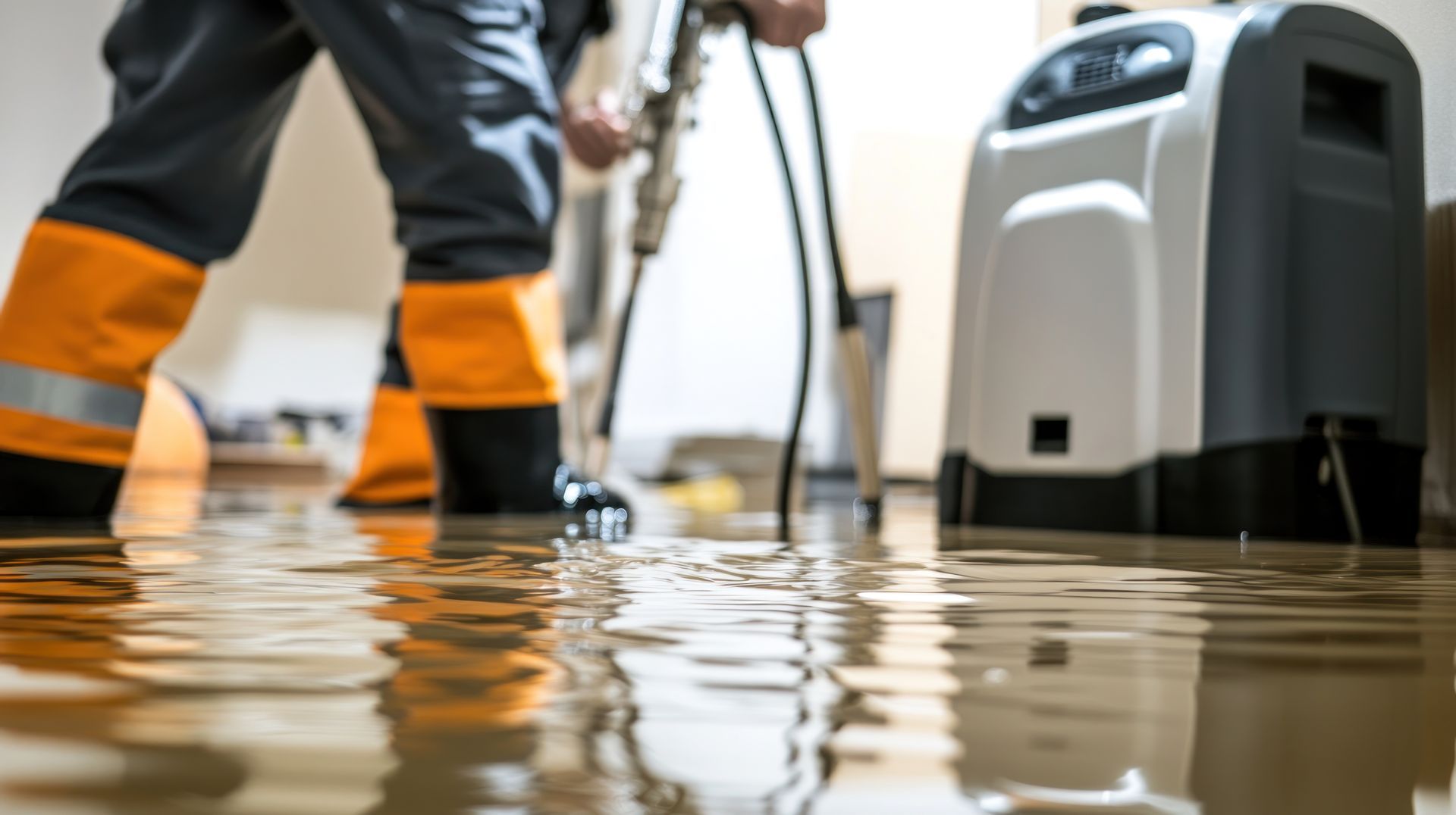 Un employé chargé du nettoyage après une inondation utilise un aspirateur à eau dans une pièce inondée.