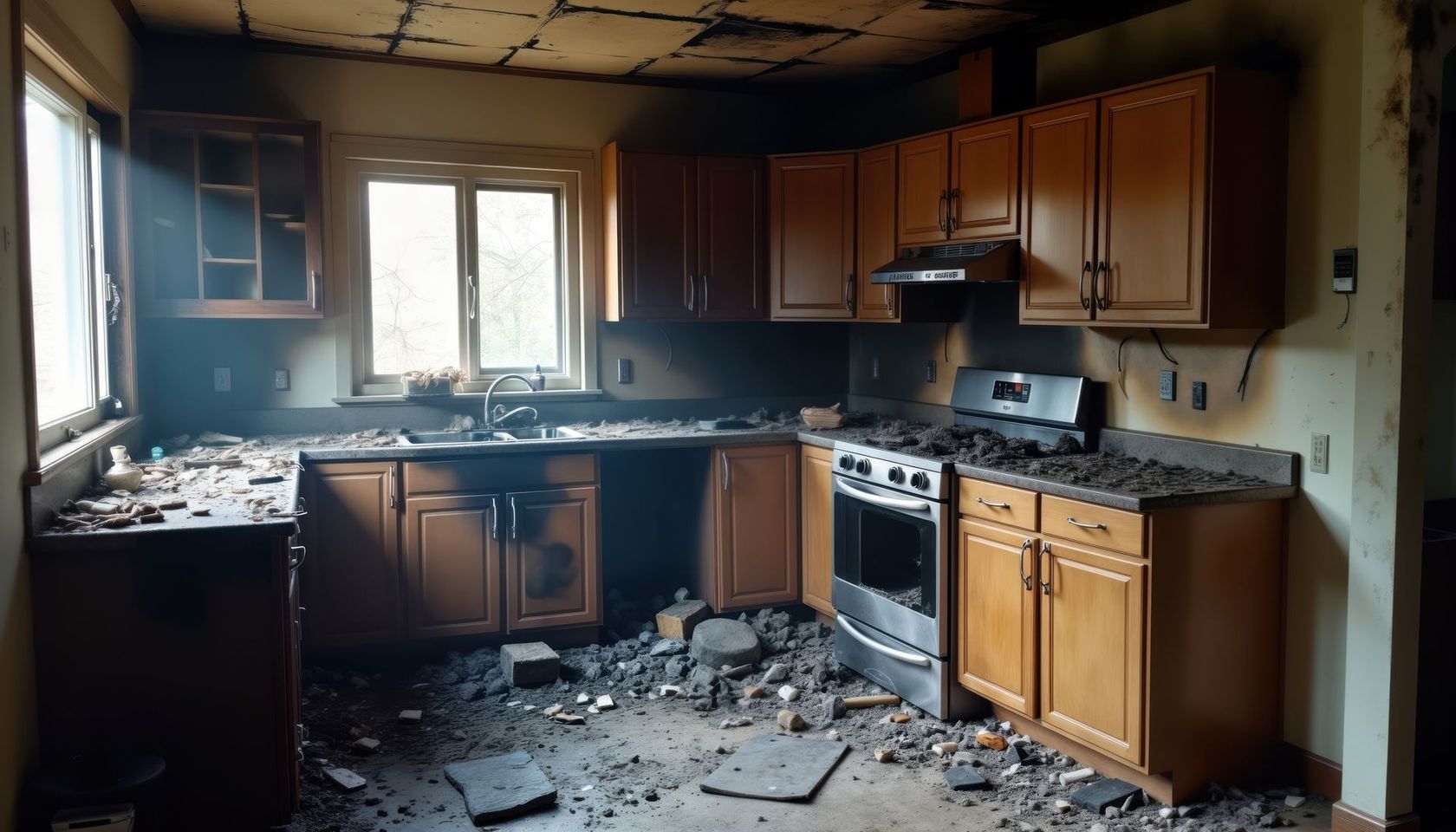 Cuisine endommagée par la fumée, avec des débris éparpillés, des armoires abîmées et une cuisinière sous un plafond noirci.