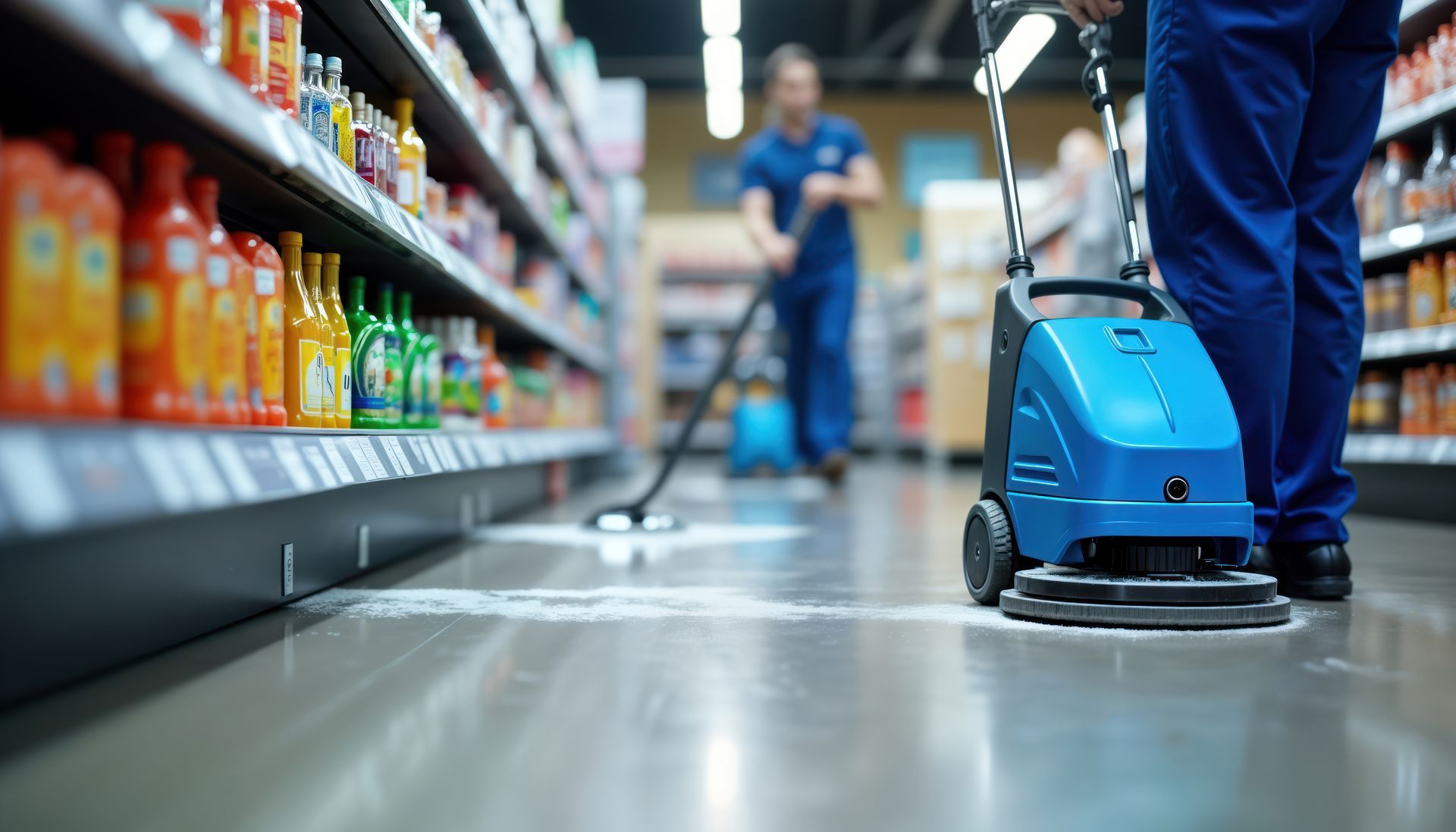 Un employé nettoie le sol d'une allée avec une autolaveuse bleue dans un supermarché.