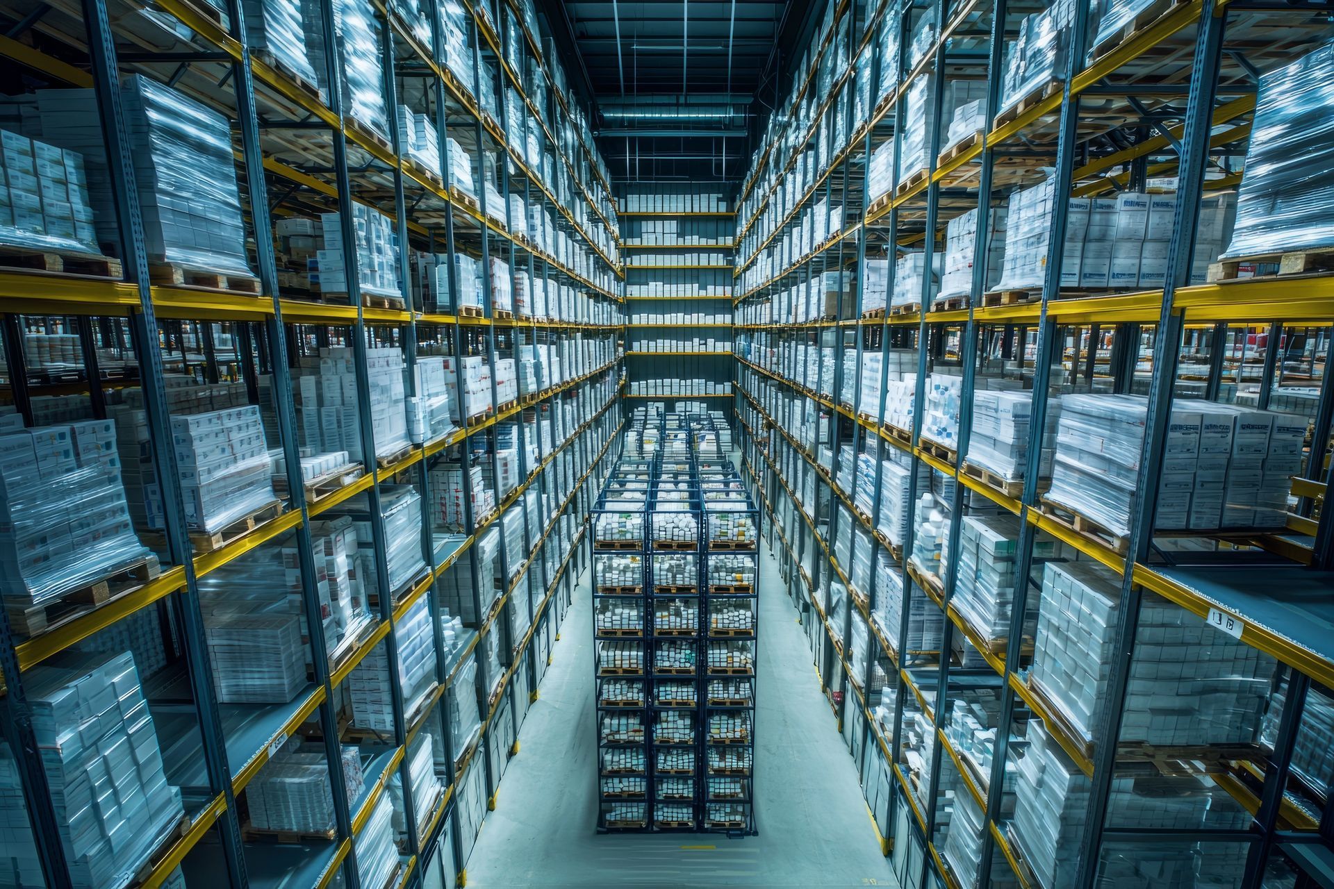Allées d'entrepôt hautes avec des palettes et des cartons empilés sur des étagères métalliques.