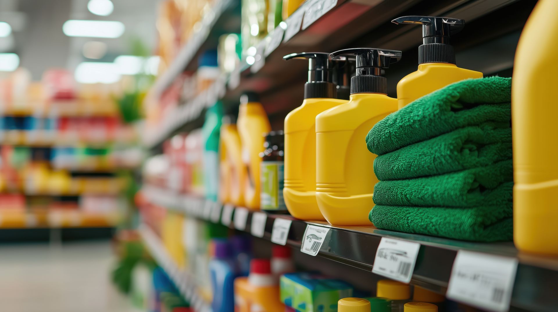 Rayon d'un supermarché avec des flacons de produits nettoyants jaunes et des serviettes vertes pliées.