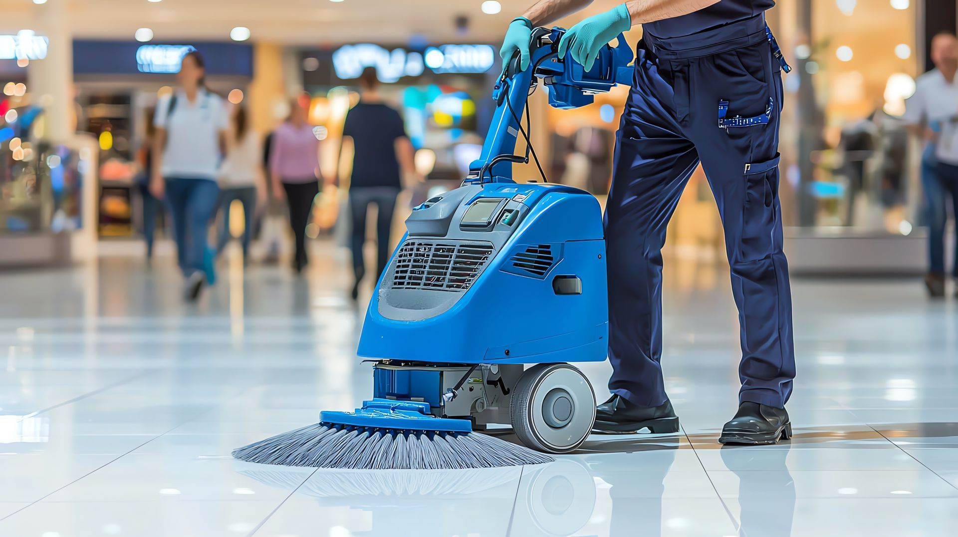 Machine de nettoyage de sol bleue dans un centre commercial, actionnée par une personne en jeans.