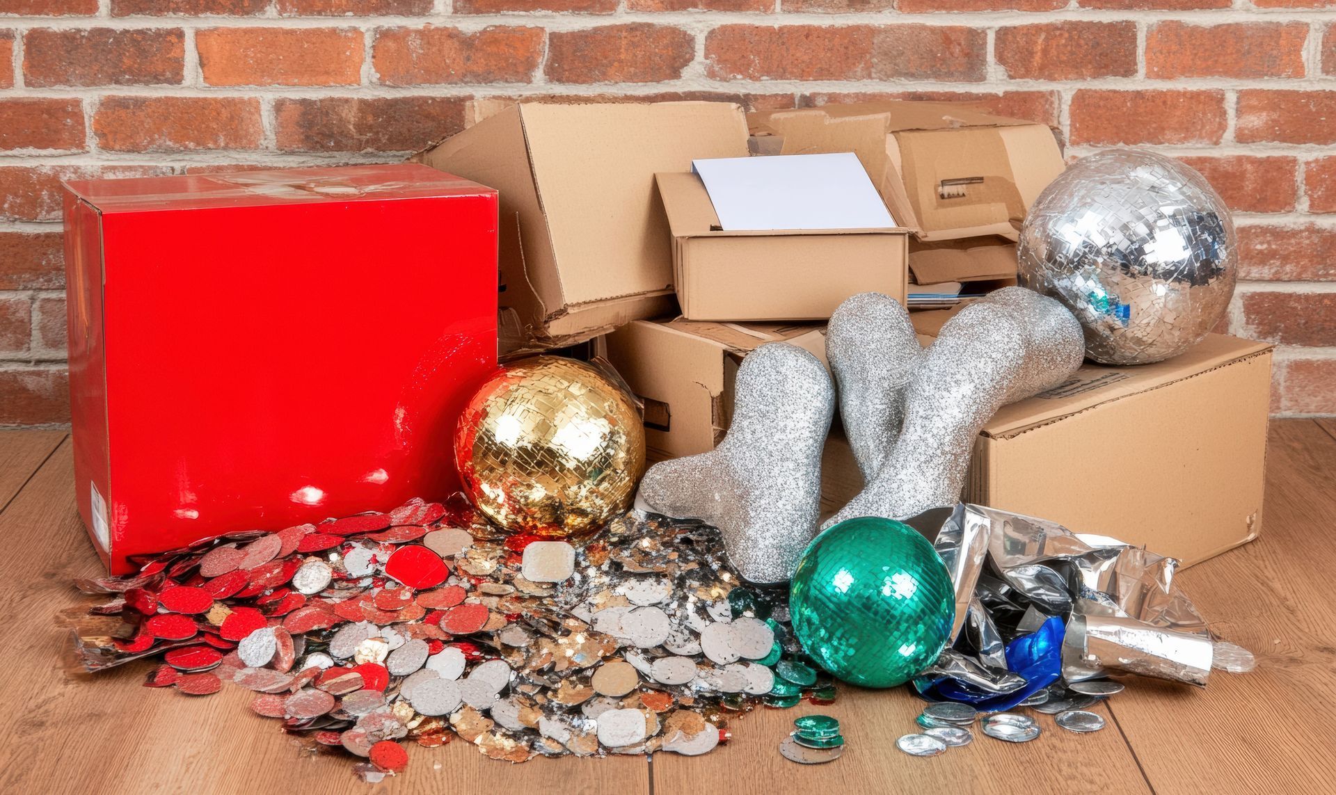 Des décorations de Noël brisées et des ornements éparpillés à côté de cartons ouverts, contre un mur de briques.