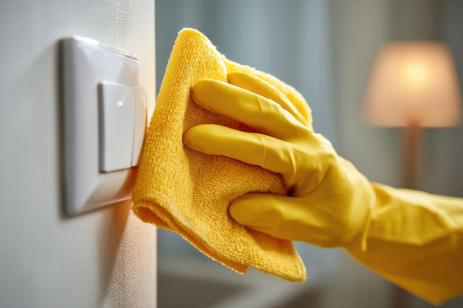 Main gantée de caoutchouc jaune essuyant un interrupteur blanc avec un chiffon jaune