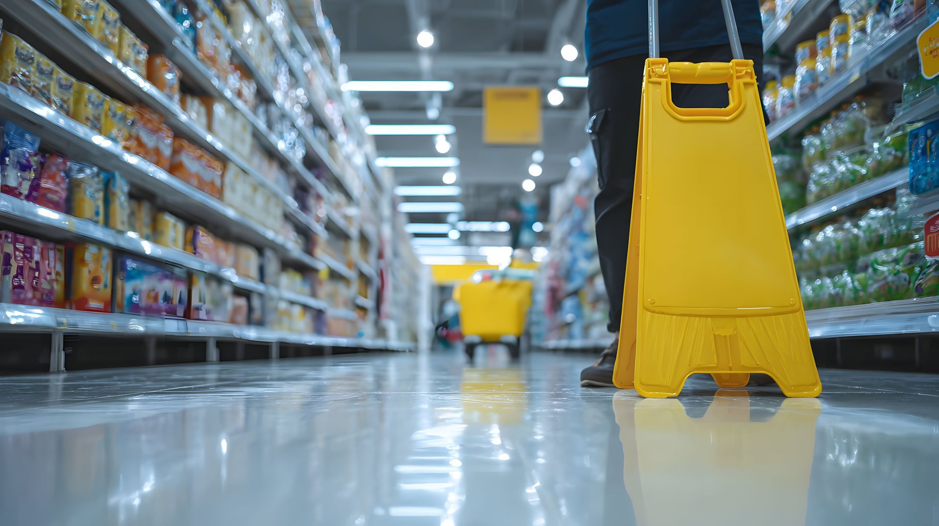 Panneaux jaunes dans une allée de supermarché avec un sol poli et réfléchissant