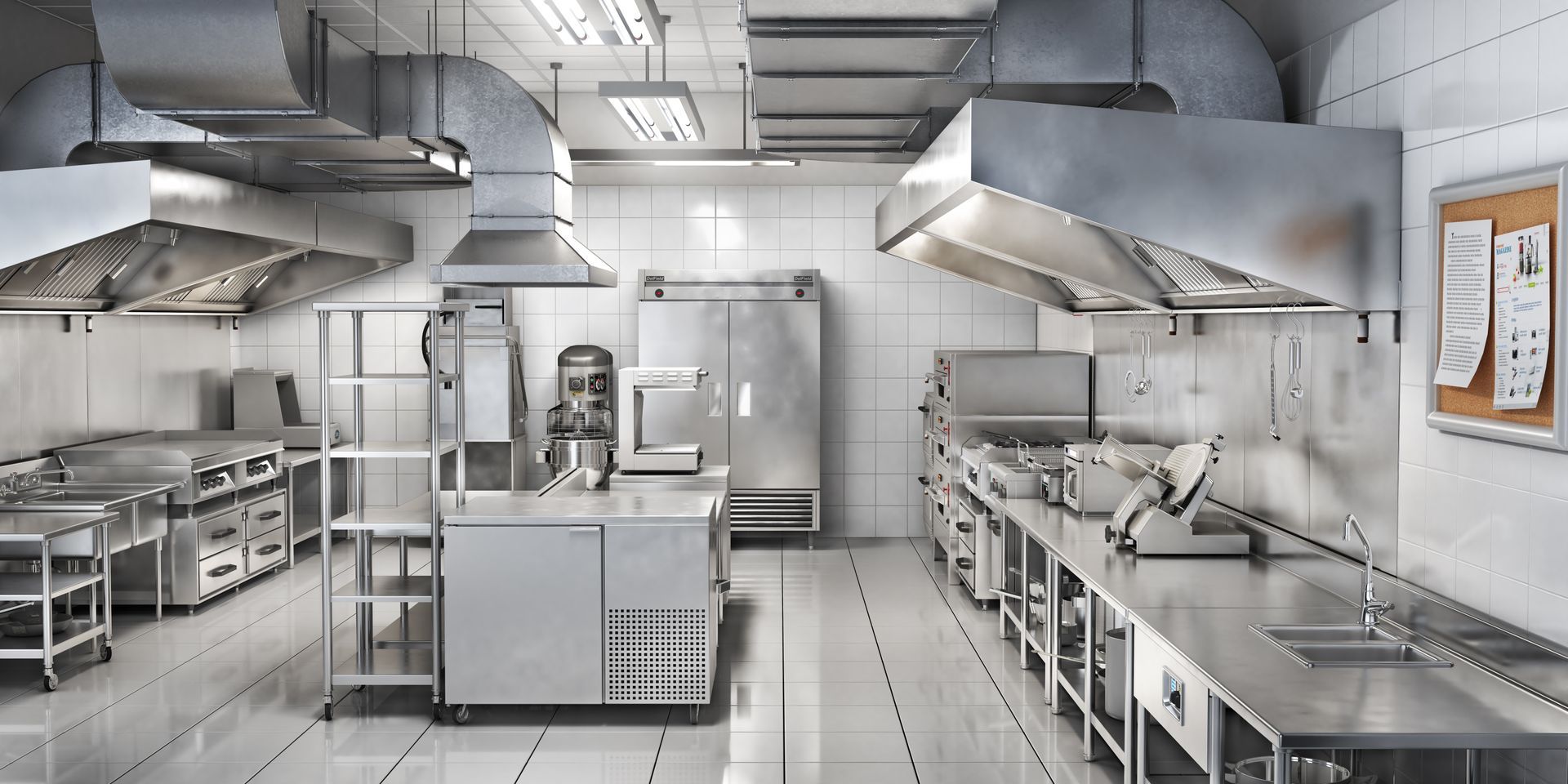 Cuisine commerciale en acier inoxydable avec éviers industriels, comptoirs, hottes et postes de préparation
