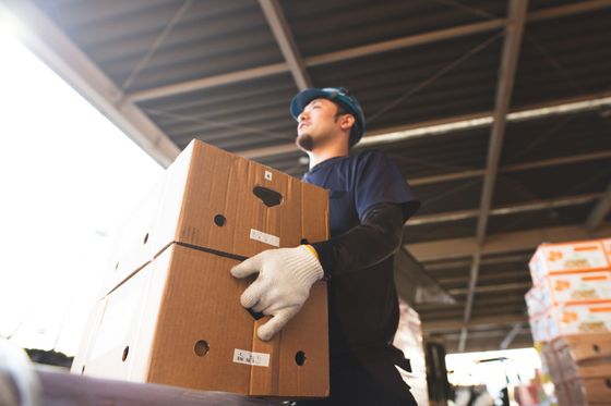 Ouvrier transportant des cartons dans un entrepôt
