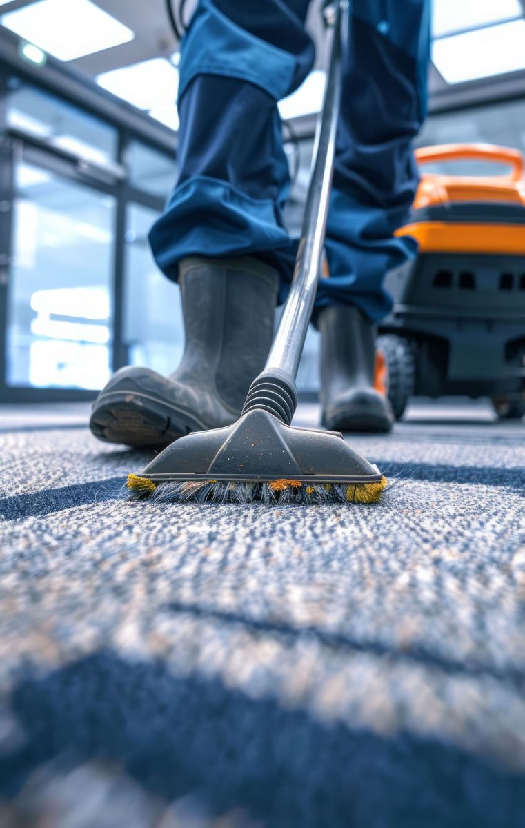 Une tête de nettoyage de sol sur la moquette, à côté des bottes d'un employé et d'un aspirateur, dans un intérieur lumineux