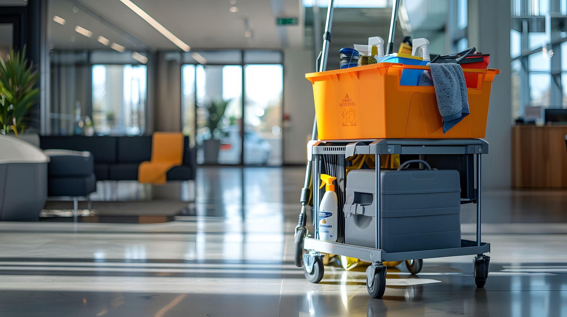 Chariot de nettoyage orange dans le hall d'un immeuble de bureaux moderne, avec des produits de nettoyage et des balais à franges dessus.