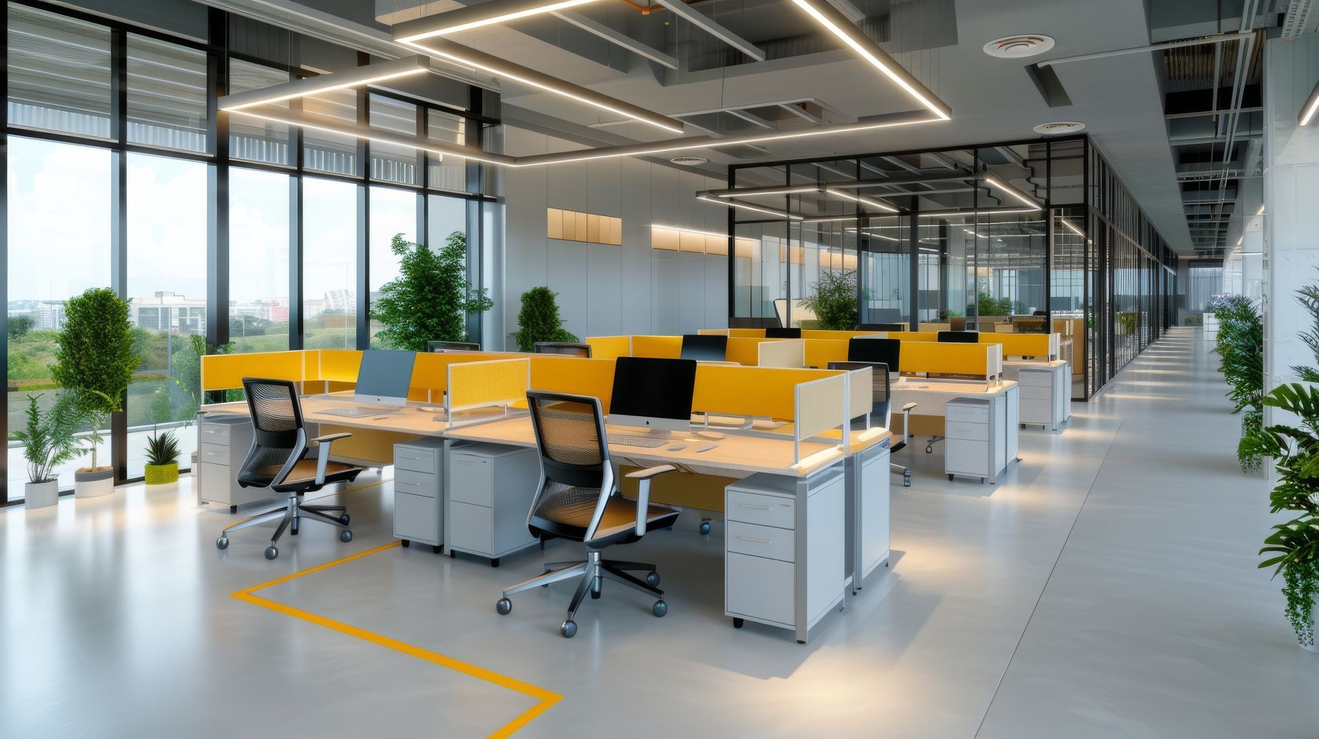 Bureaux modernes en open space avec chaises, cloisons vitrées et grandes fenêtres