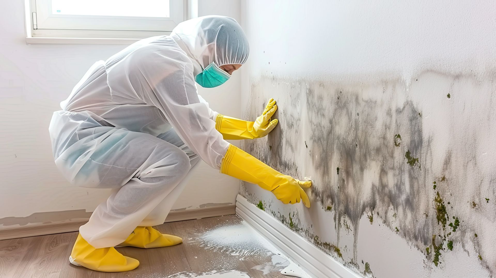 Un ouvrier portant un équipement de protection nettoie des moisissures sur un mur à l'aide d'un spray et d'un chiffon dans une pièce