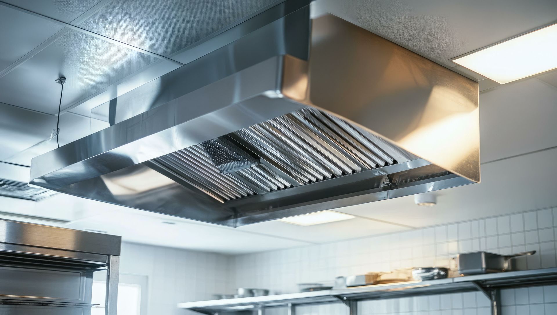 Hotte de cuisine professionnelle en acier inoxydable au-dessus d'une zone de cuisson carrelée